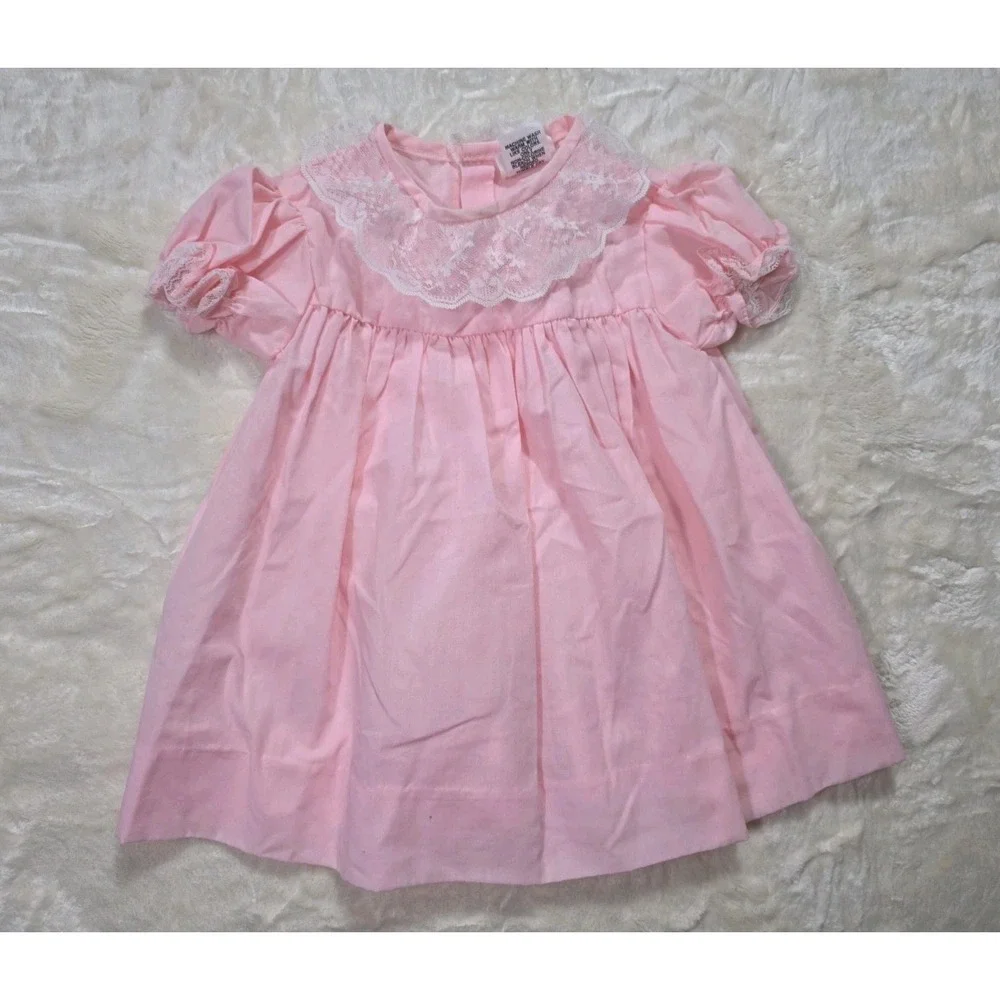 Vintage MyFair Pink Baby Dress Lace Collar Puff Sleeve 18 Months